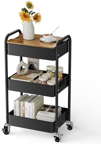 3-Tier Rolling Cart with Table Top, Metal Utility Cart on Wheels