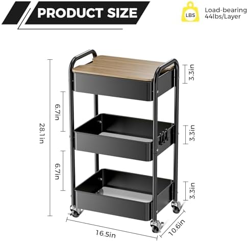 3-Tier Rolling Cart with Table Top, Metal Utility Cart on Wheels, alternate view 3
