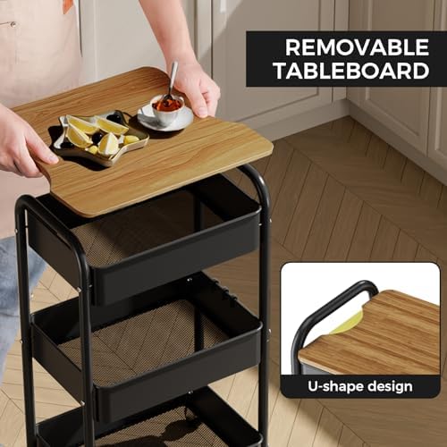 3-Tier Rolling Cart with Table Top, Metal Utility Cart on Wheels, alternate view 5