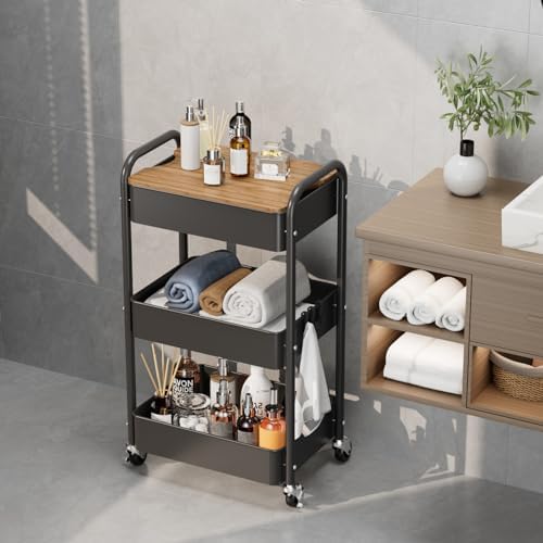 3-Tier Rolling Cart with Table Top, Metal Utility Cart on Wheels, alternate view 7