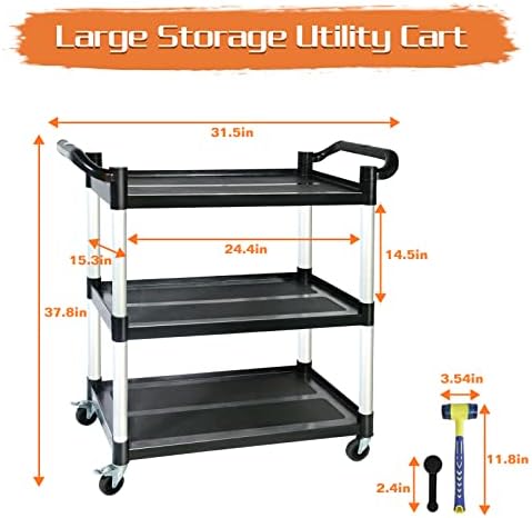 3-Tier Rolling Cart with Wheels, Heavy-Duty Plastic Utility Cart with 2 Lockable Wheels, Food Cart with 510 lbs, alternate