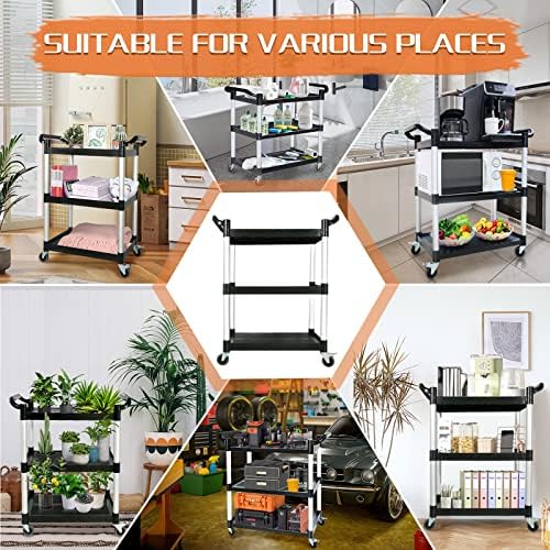3-Tier Rolling Cart with Wheels, Heavy-Duty Plastic Utility Cart with 2 Lockable Wheels, Food Cart with 510 lbs, alternate