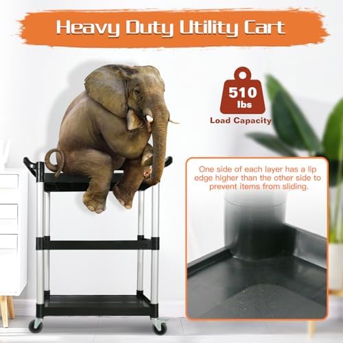 3-Tier Rolling Cart with Wheels, Heavy-Duty Plastic Utility Cart with 2 Lockable Wheels, Food Cart with 510 lbs, alternate