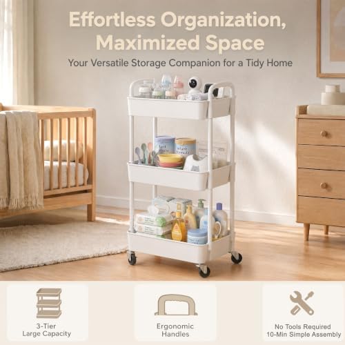 3-Tier Rolling Cart with Wheels, Multifunction Utility Storage Carts, Kitchen Storage Organizer, Mobile Shelving, alternate