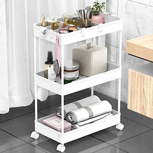 3 Tier Rolling Cart with Wheels, Storage Craft Art Trolley Organizer Serving, 3 Hanging Baskets Easy Assembly
