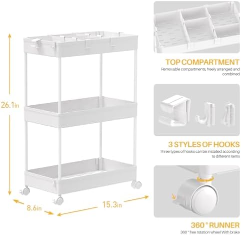3 Tier Rolling Cart with Wheels, Storage Craft Art Trolley Organizer Serving, 3 Hanging Baskets Easy Assembly, alternate view