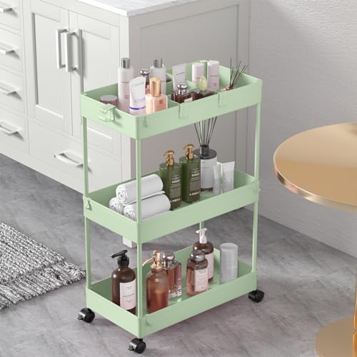 3 Tier Rolling Cart with Wheels, Storage Craft Art Trolley Organizer Serving, 3 Hanging Baskets Easy Assembly