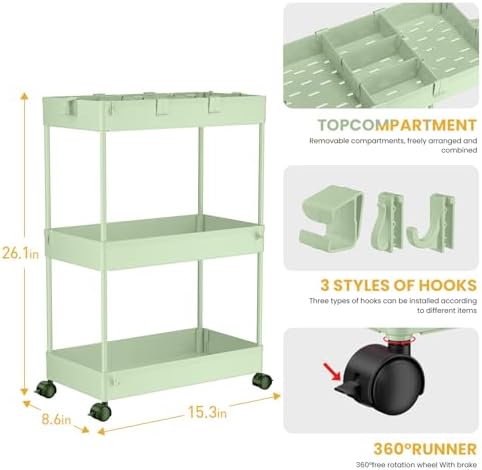 3 Tier Rolling Cart with Wheels, Storage Craft Art Trolley Organizer Serving, 3 Hanging Baskets Easy Assembly, alternate view