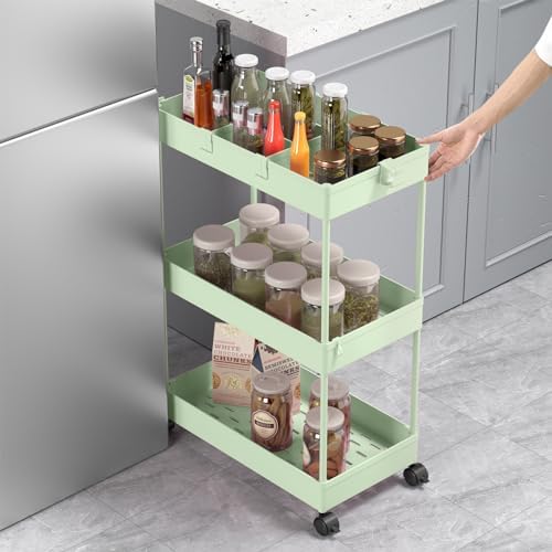 3 Tier Rolling Cart with Wheels, Storage Craft Art Trolley Organizer Serving, 3 Hanging Baskets Easy Assembly, alternate view