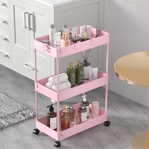 3 Tier Rolling Cart with Wheels, Storage Craft Art Trolley Organizer Serving, 3 Hanging Baskets Easy Assembly