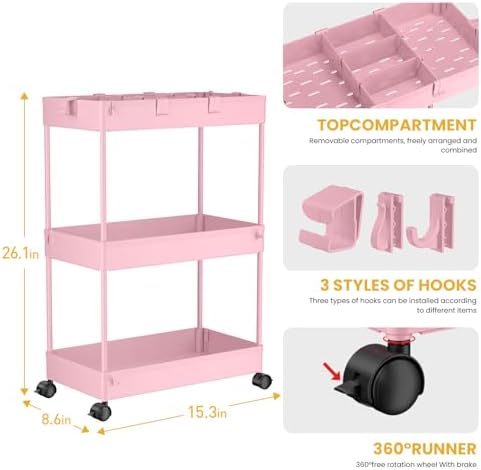 3 Tier Rolling Cart with Wheels, Storage Craft Art Trolley Organizer Serving, 3 Hanging Baskets Easy Assembly, alternate view