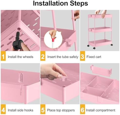 3 Tier Rolling Cart with Wheels, Storage Craft Art Trolley Organizer Serving, 3 Hanging Baskets Easy Assembly, alternate view