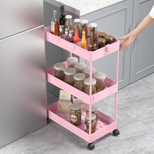 3 Tier Rolling Cart with Wheels, Storage Craft Art Trolley Organizer Serving, 3 Hanging Baskets Easy Assembly, alternate view