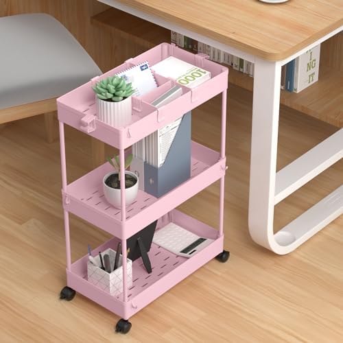 3 Tier Rolling Cart with Wheels, Storage Craft Art Trolley Organizer Serving, 3 Hanging Baskets Easy Assembly, alternate view
