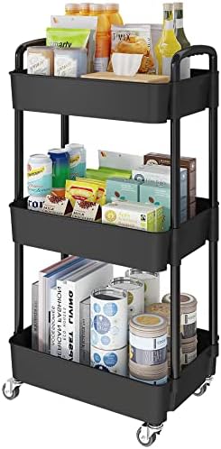 3 Tier Rolling Cart with Wheels, Utility Storage Carts, Black in Black