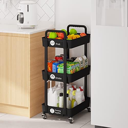 3 Tier Rolling Cart with Wheels, Utility Storage Carts, Black in Black, alternate view 2