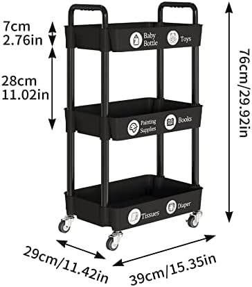 3 Tier Rolling Cart with Wheels, Utility Storage Carts, Black in Black, alternate view 3