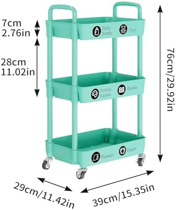 3 Tier Rolling Cart with Wheels, Utility Storage Carts, Green in Green, alternate view 3