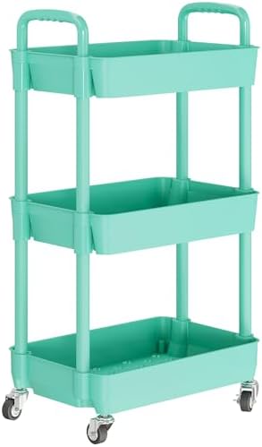 3 Tier Rolling Cart with Wheels, Utility Storage Carts, Green in Green, alternate view 4