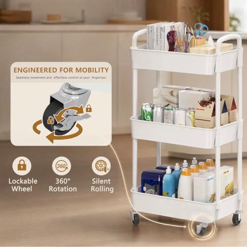 3 Tier Rolling Cart with Wheels, Utility Storage Carts, White in White, alternate view 5