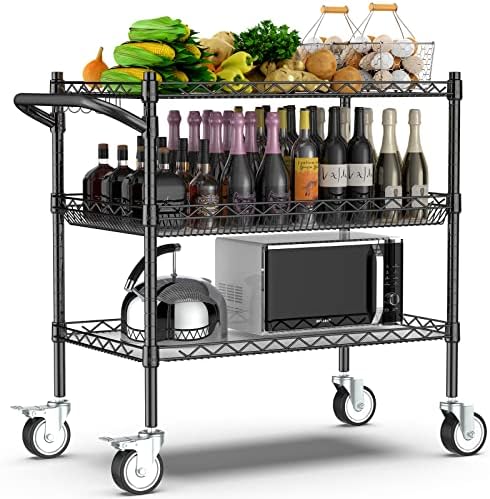 3 Tier Rolling Carts with Wheels, Heavy Duty Rolling Utility Cart