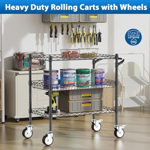 3 Tier Rolling Carts with Wheels, Heavy Duty Rolling Utility Cart, alternate view 2
