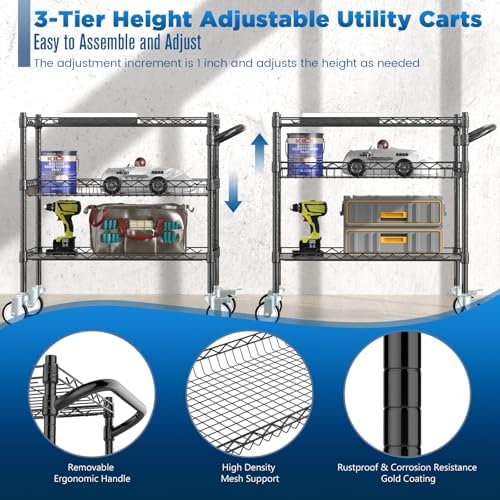 3 Tier Rolling Carts with Wheels, Heavy Duty Rolling Utility Cart, alternate view 3