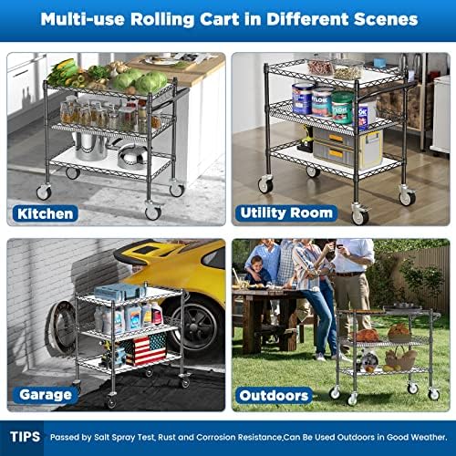 3 Tier Rolling Carts with Wheels, Heavy Duty Rolling Utility Cart, alternate view 5