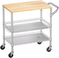 3 Tier Rolling Kitchen Carts with Wheels, Heavy Duty Rolling Utility Cart with Wood Tabletop, Commercial Grade
