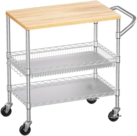 3 Tier Rolling Kitchen Carts with Wheels, Heavy Duty Rolling Utility Cart with Wood Tabletop, Commercial Grade
