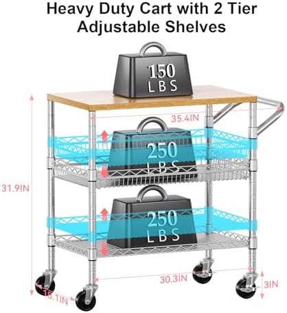 3 Tier Rolling Kitchen Carts with Wheels, Heavy Duty Rolling Utility Cart with Wood Tabletop, Commercial Grade, alternate