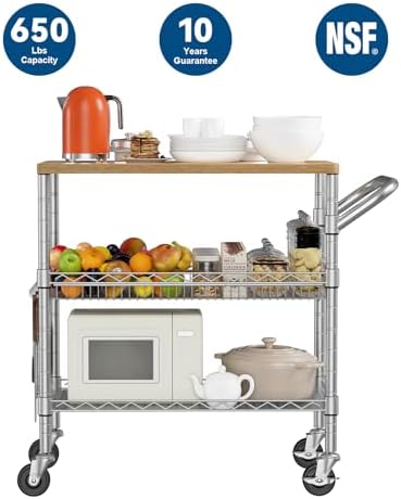 3 Tier Rolling Kitchen Carts with Wheels, Heavy Duty Rolling Utility Cart with Wood Tabletop, Commercial Grade, alternate