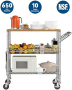 3 Tier Rolling Kitchen Carts with Wheels, Heavy Duty Rolling Utility Cart with Wood Tabletop, Commercial Grade, alternate