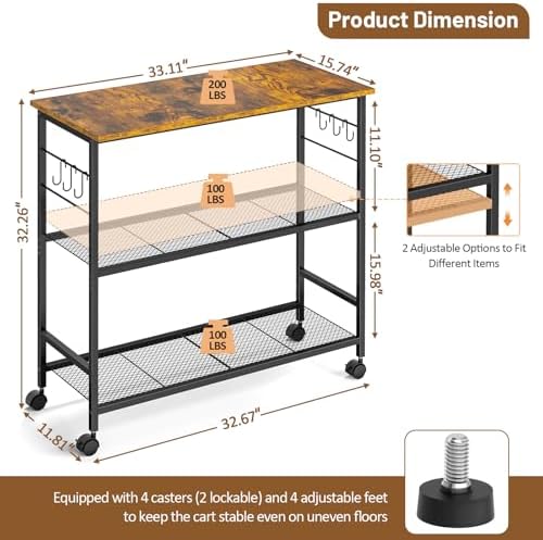 3 Tier Rolling Kitchen Microwave Cart, 33 Inch Microwave Table Stand with Adjustable Shelf, Kitchen Storage, alternate view 2