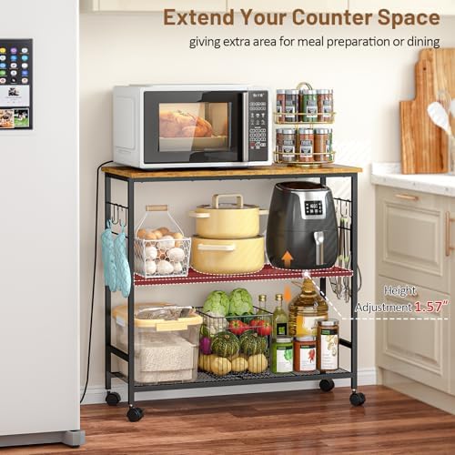 3 Tier Rolling Kitchen Microwave Cart, 33 Inch Microwave Table Stand with Adjustable Shelf, Kitchen Storage, alternate view 3