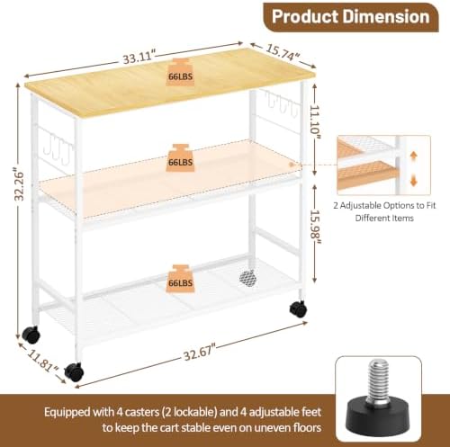 3 Tier Rolling Kitchen Microwave Cart, 33 Inch Microwave Table Stand with Adjustable Shelf, Kitchen Storage, alternate view 2