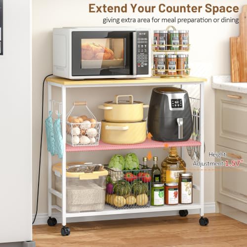 3 Tier Rolling Kitchen Microwave Cart, 33 Inch Microwave Table Stand with Adjustable Shelf, Kitchen Storage, alternate view 3