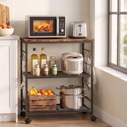 3-Tier Rolling Kitchen Microwave Cart with Storage, Mobile Kitchen Utility Cart with 2 Lockable Wheels, Coffee