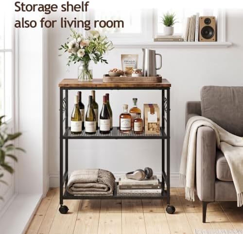 3-Tier Rolling Kitchen Microwave Cart with Storage, Mobile Kitchen Utility Cart with 2 Lockable Wheels, Coffee, alternate