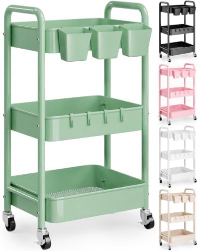 3 Tier Rolling Storage Cart Metal with Wheels, Sage Green Diaper Caddy Carts
