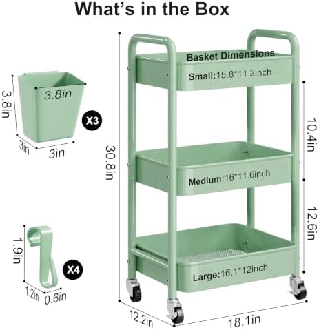 3 Tier Rolling Storage Cart Metal with Wheels, Sage Green Diaper Caddy Carts, alternate view 2