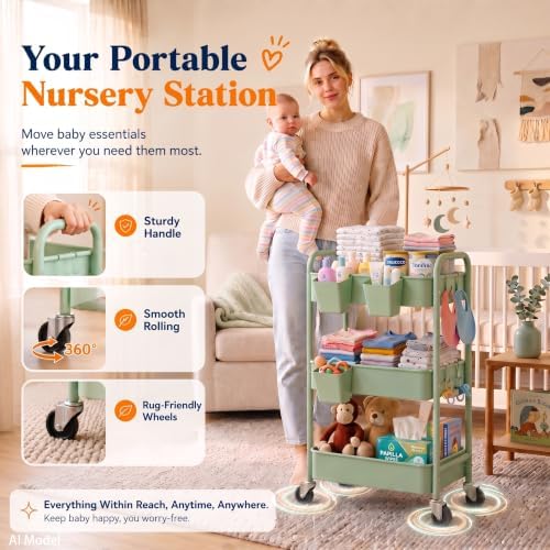 3 Tier Rolling Storage Cart Metal with Wheels, Sage Green Diaper Caddy Carts, alternate view 3