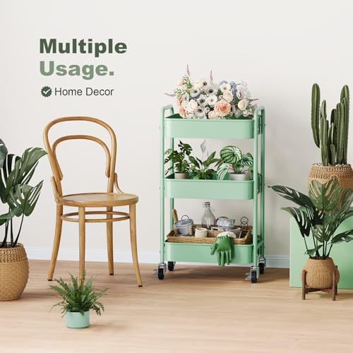 3 Tier Rolling Storage Cart Metal with Wheels, Sage Green Diaper Caddy Carts, alternate view 5
