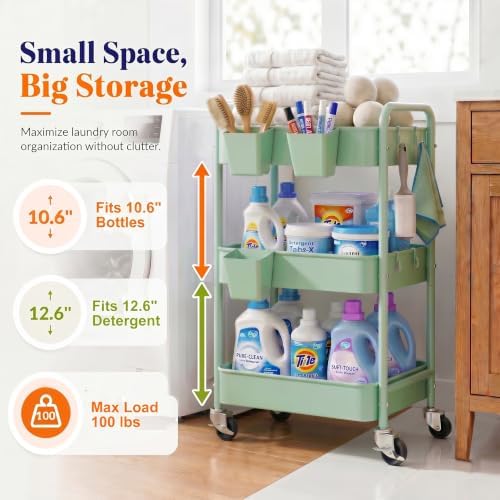 3 Tier Rolling Storage Cart Metal with Wheels, Sage Green Diaper Caddy Carts, alternate view 6