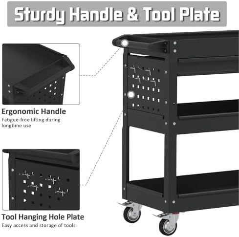 3 Tier Rolling Tool Cart with Drawers, 400 LBS Capacity Mechanic Tool Cart on Wheels, Heavy Duty Utility Cart, alternate view