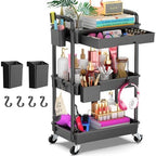 3 Tier Rolling Utility Cart Organizer with Removable Drawer, Black in Black