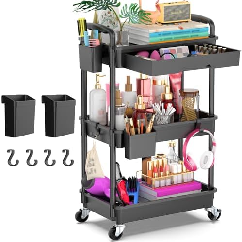 3 Tier Rolling Utility Cart Organizer with Removable Drawer, Black in Black