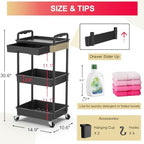 3 Tier Rolling Utility Cart Organizer with Removable Drawer, Black in Black, alternate view 2