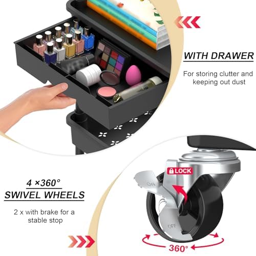 3 Tier Rolling Utility Cart Organizer with Removable Drawer, Black in Black, alternate view 3