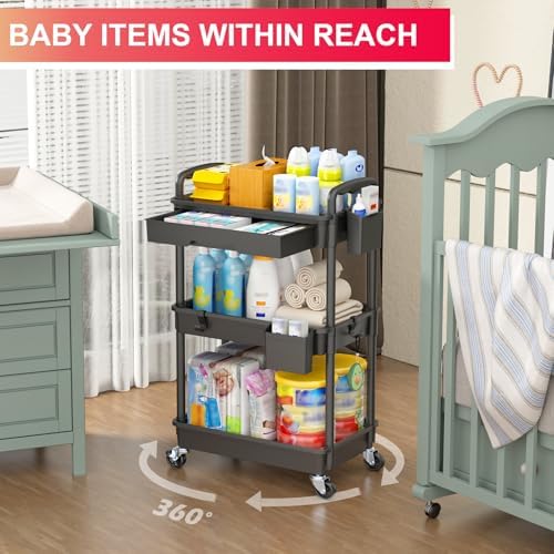 3 Tier Rolling Utility Cart Organizer with Removable Drawer, Black in Black, alternate view 6